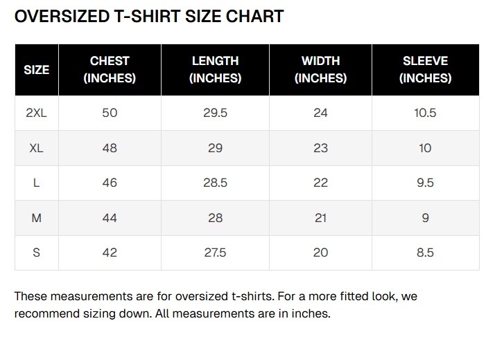 Oversized t-shirt size chart