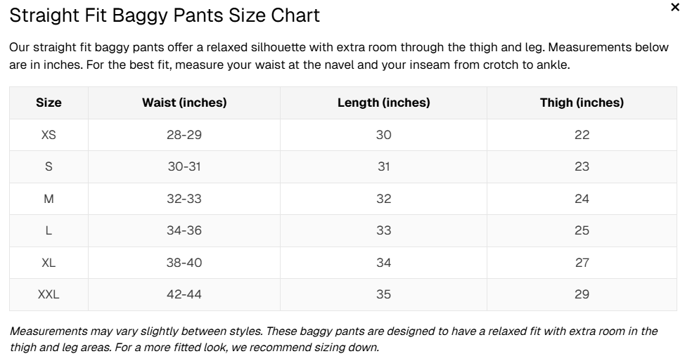 Baggy pants size chart